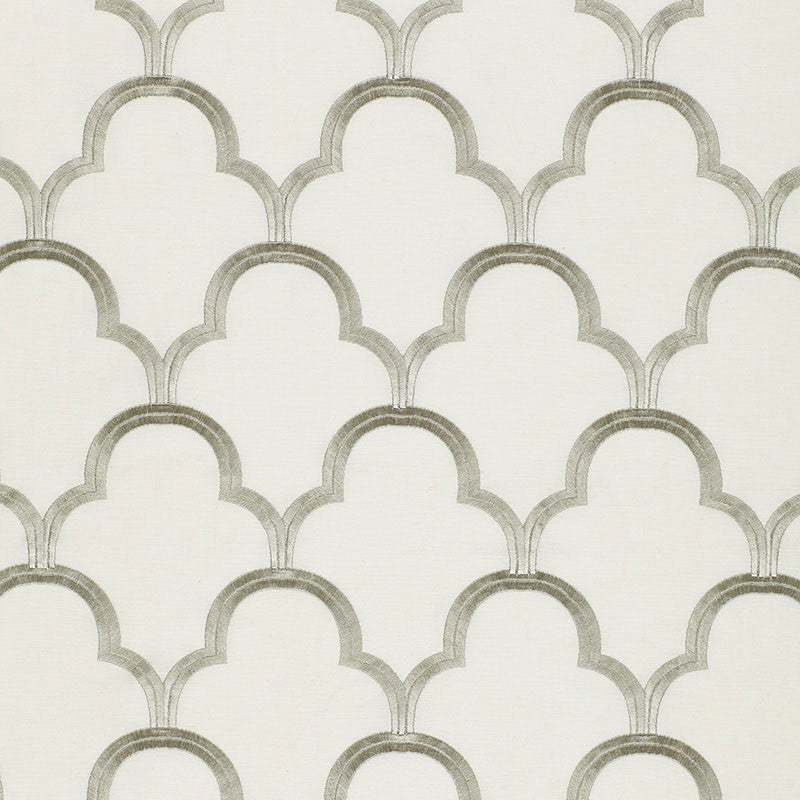 Scallop Embroidery Platinum 64323 by Schumacher Fabric Schumacher Fabric Scallop Embroidery Platinum 64323Fabric COTTON 75% INDIA </p><p>Repeat: H: HORZ. 5 1/2" (14CM) , V: VERT. 7 1/2" (19CM) 49.875 - Fabric Carolina -