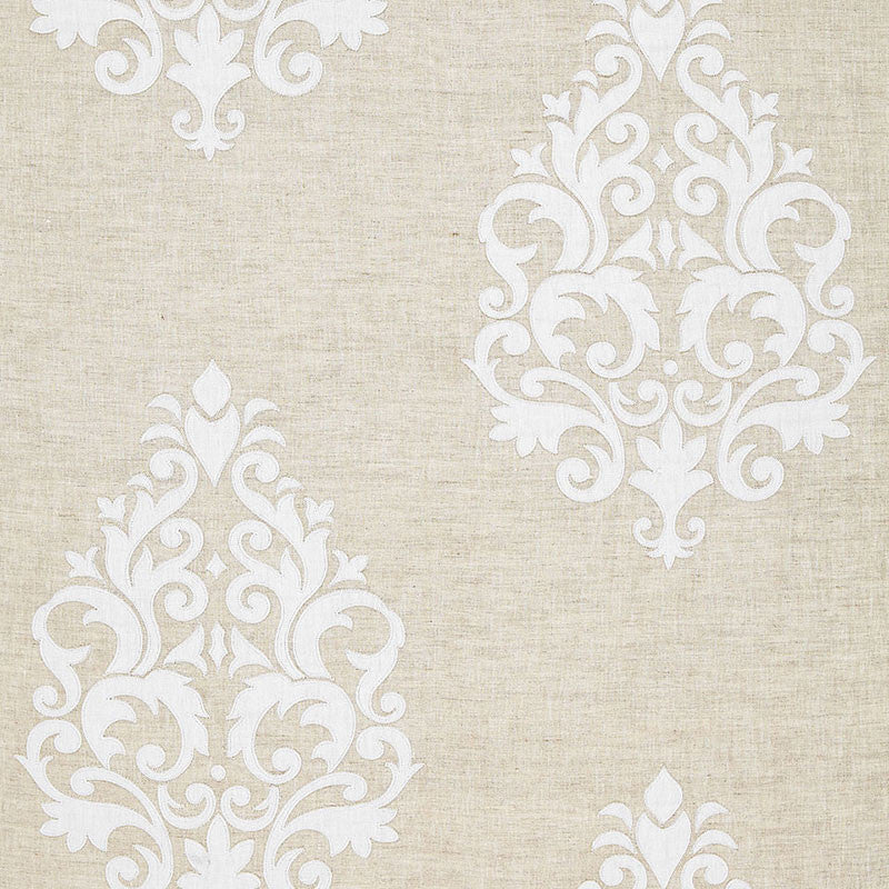 Belfort Linen Applique Linen 65100 by Schumacher Designer Fabric ESSENTIALS: SHEERS & CASEMENTS II See Sample INDIA LIGHT DUTY </p><p>Repeat: Horizontal: 12 1/2" (32CM) and Vertical: 22 1/2" (57CM) 52" WIDE (132CM) - Swanky Fabrics -