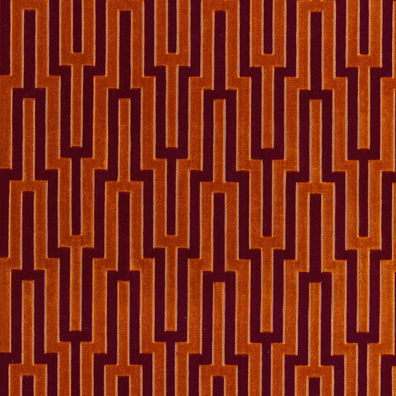 Metropolitan Velvet Blood Orange 65701 by Schumacher Fabric CHROMA POLYESTER 67% VISCOSE 18% BELGIUM MARTINDALE 40,000 </p><p>Repeat: Horizontal: 3 1/2" (9CM) and Vertical: 6 5/8" (17CM) 55 - Fabric Carolina -