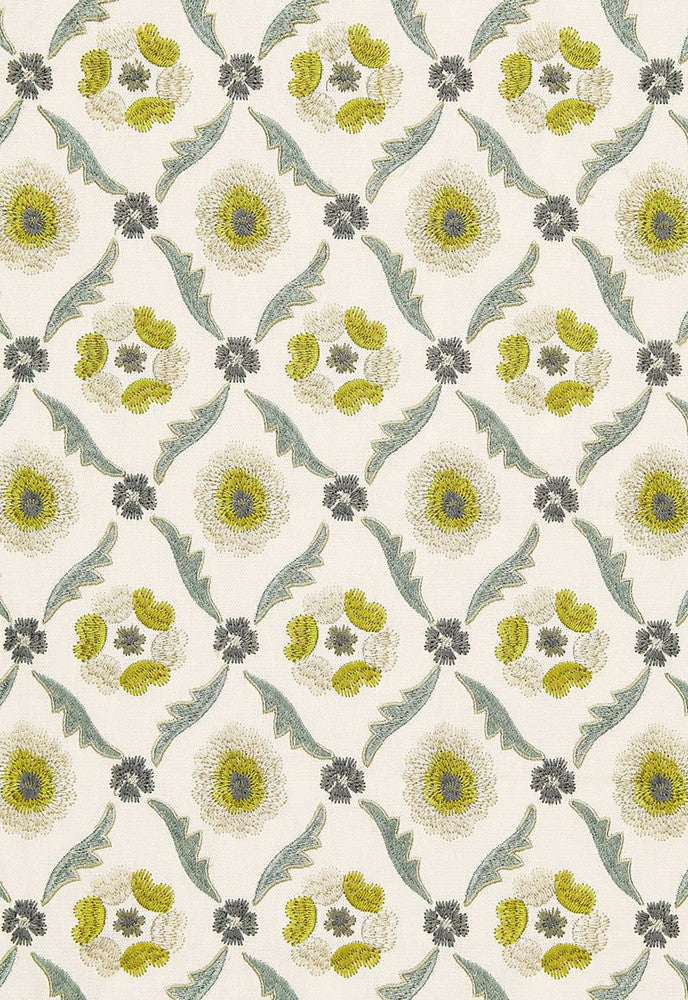 Claremont Embroidery Chartreuse 65741 by Schumacher Fabric Chroma 61% Linen, 39% Viscose Martindale 8,000 Horizontal: 4.75 and Vertical: 6.25 51.25 - Fabric Carolina -