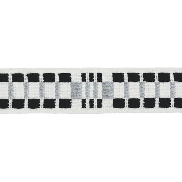 Carmo Tape Narrow Silver & Black 78991 by Schumacher Designer Trim Stephanie Seal Brown - Swanky Fabrics -