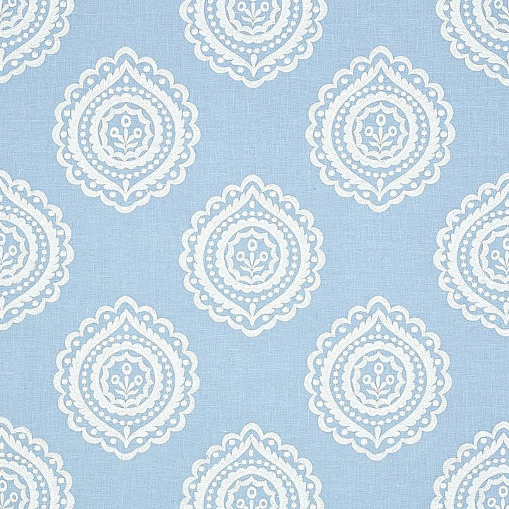 Olana Linen Embroidery Sky 70207 by Schumacher Designer Fabric Rhapsody In Blue 12.67" - Swanky Fabrics -