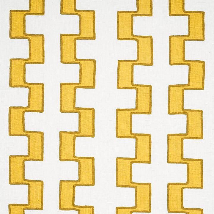 Dixon Embroidered Print Linen Yellow 179681 by Schumacher Designer Fabric World View 17.25" - Swanky Fabrics -