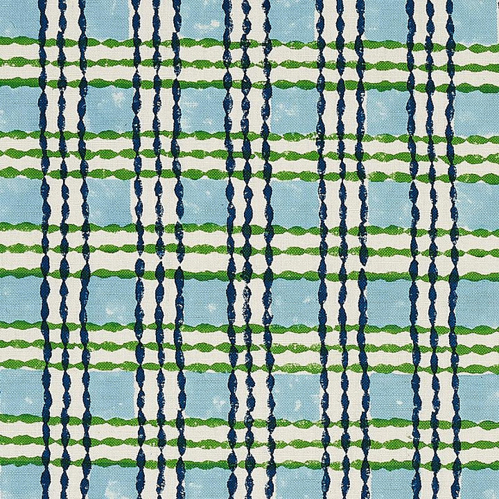 Trellis Hand Block Print Sky & Grass 179800 by Schumacher Fabric Molly Mahon 1.62" - Fabric Carolina -