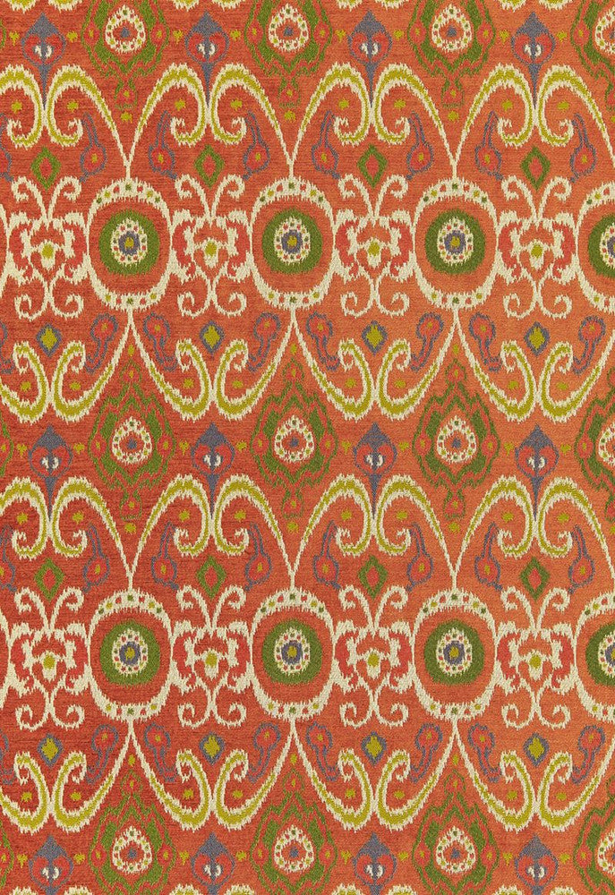 Bokhara Ikat Weave Persimmon 67082 by Schumacher Fabric Chroma 51% Rayon, 37% Polyester, 12% Cotton Wyzenbeek 12,000 Horizontal: 6.75 and Vertical: 17.375 52 - Fabric Carolina -