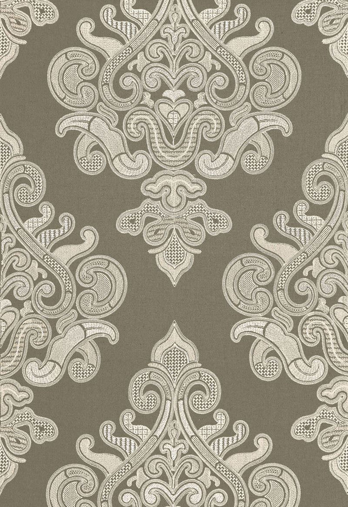 Angkor Embroidery Peat 67580 by Schumacher Fabric Au-Naturel 60% Linen, 36% Viscose, 4% Spun Martindale 8,000 Horizontal: 12.875 and Vertical: 30.25 51.375 - Fabric Carolina -
