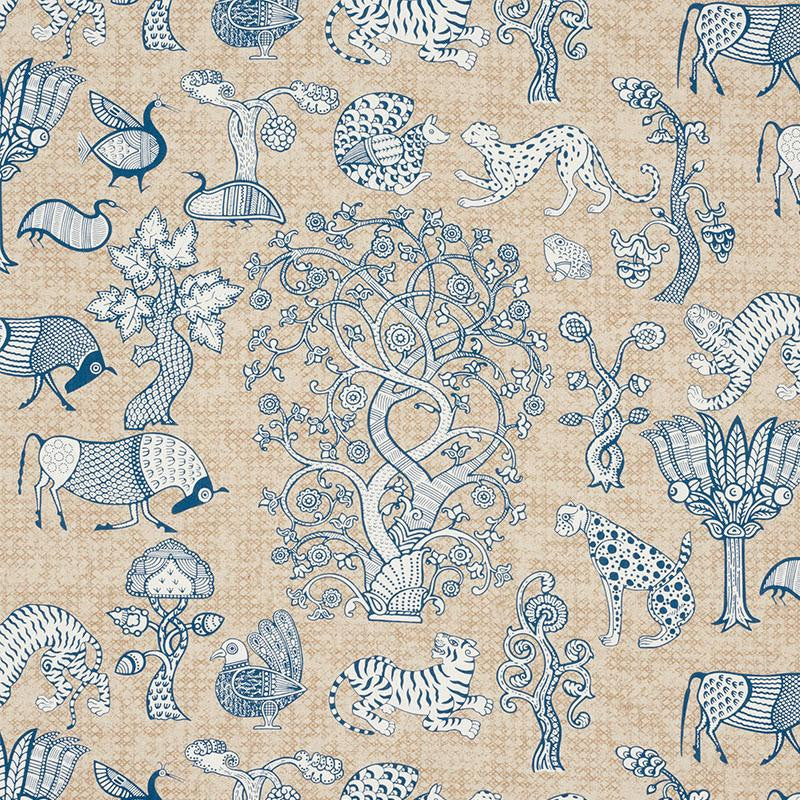 Animalia Blue & Natural 178320 by Schumacher Fabric Palampore 25.25" - Fabric Carolina -