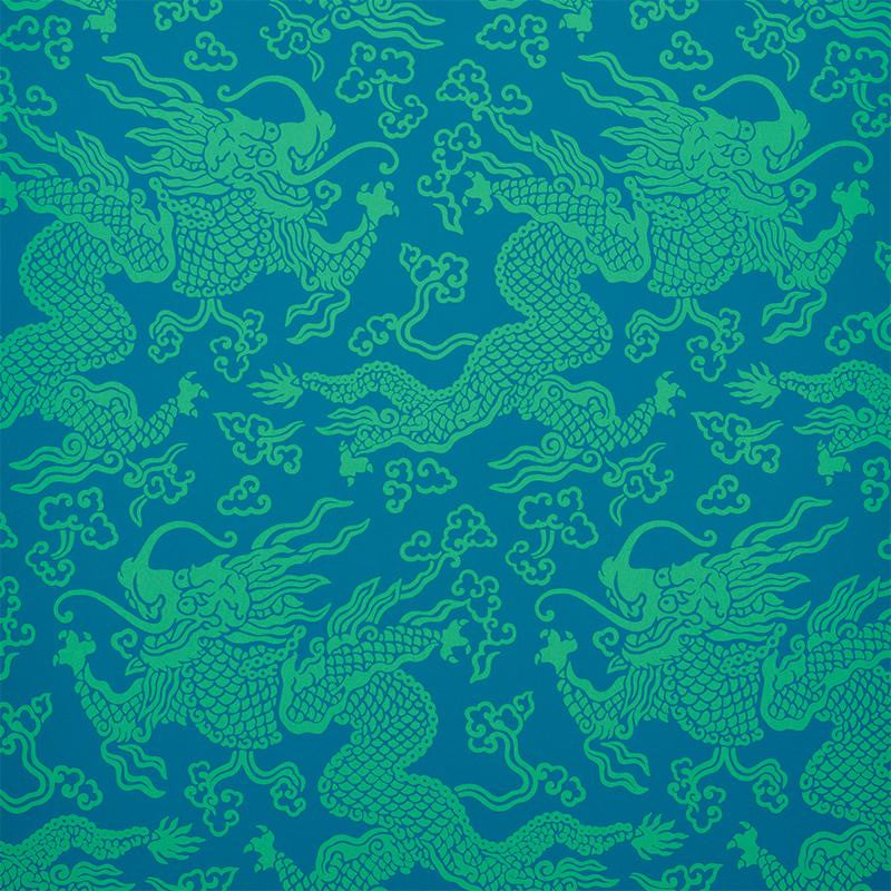 Ruan Dragon Damask Peacock 5010882 by Schumacher Wallpaper Fire Breather 27.0" - Fabric Carolina -