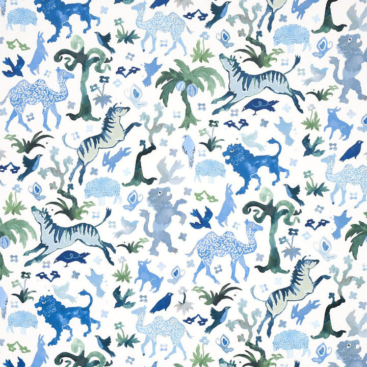 Beasts Blue And Green 5013531 by Schumacher Designer Wallpaper Happy Menocal 13.5" - Swanky Fabrics -