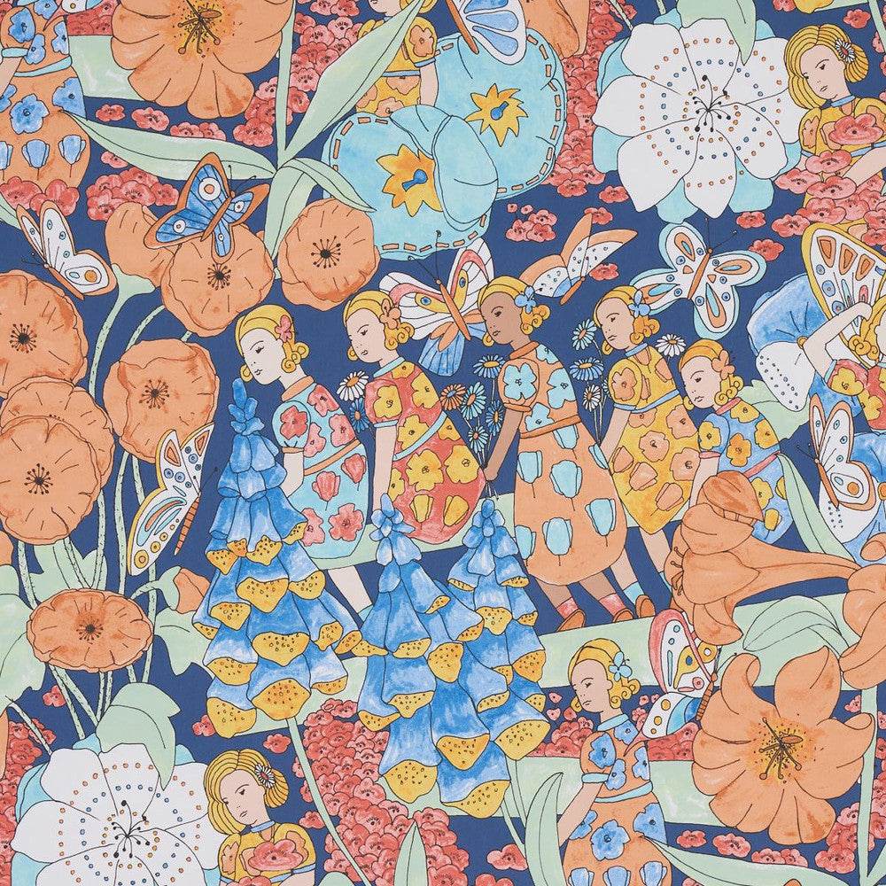Fairie Garden Orange And Navy 5013540 by Schumacher Wallpaper Clements Ribeiro 25.5" - Fabric Carolina -