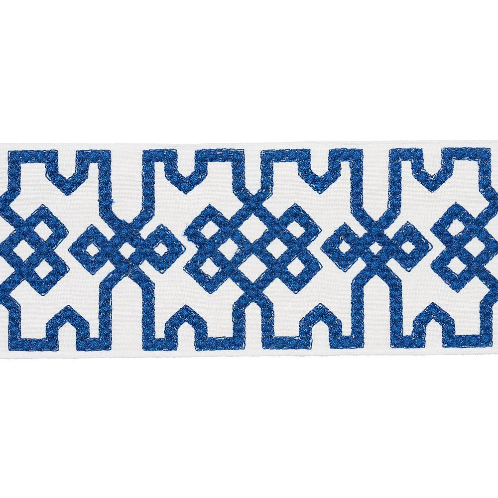 Knotted Trellis Tape Blue On White 80883 by Schumacher Trim Orient Express - Fabric Carolina -