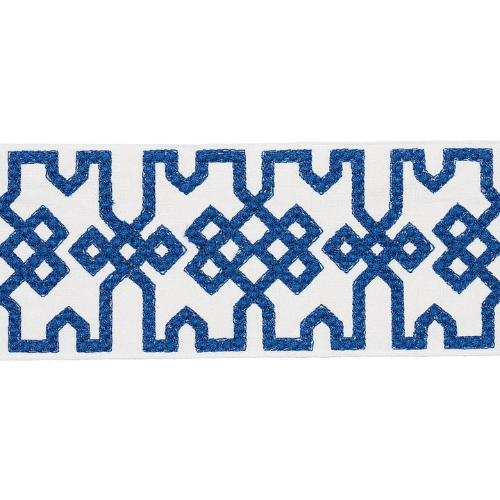 Knotted Trellis Tape Blue On White 80883 by Schumacher Trim Orient Express - Fabric Carolina -