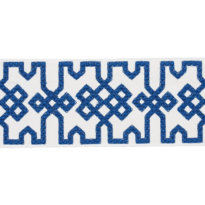 Knotted Trellis Tape Blue On White 80883 by Schumacher Designer Trim Orient Express - Swanky Fabrics -