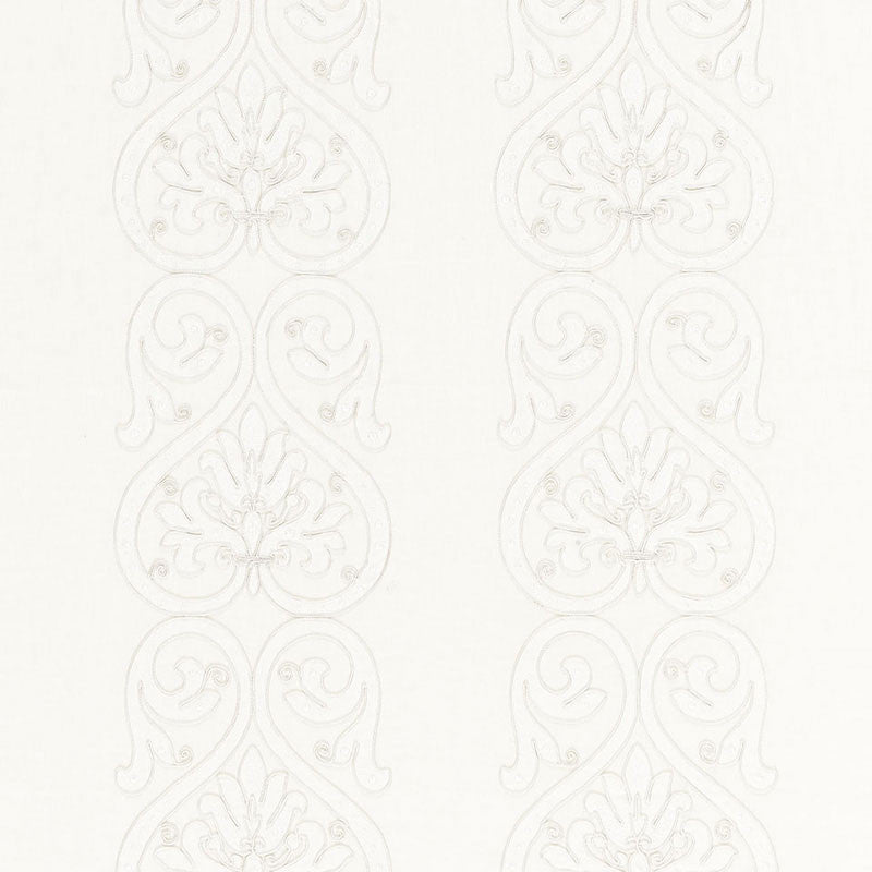 Medici Embroidery Blanc 67640 by Schumacher Designer Fabric ESSENTIALS: SHEERS & CASEMENTS II See Sample INDIA . </p><p>Repeat: Horizontal: 13" (33CM) and Vertical: 11 1/2" (29CM) 52" WIDE (132CM) - Swanky Fabrics -