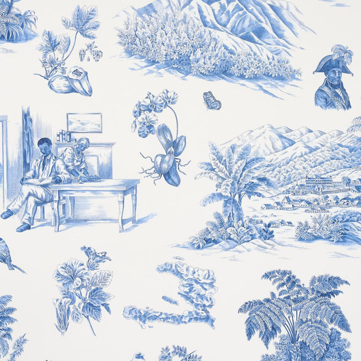 Toussaint Toile Blue On Ivory 5013771 by Schumacher Wallpaper Victor Glemaud 54.0" - Fabric Carolina -