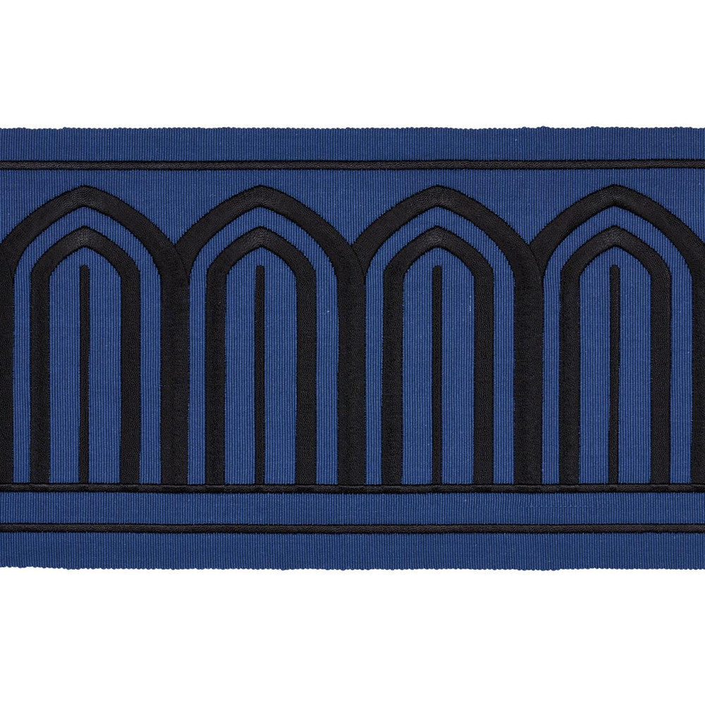 Arches Embroidered Tape Wide Black On Navy 81160 by Schumacher Designer Trim Miles Redd 5.3" - Swanky Fabrics -