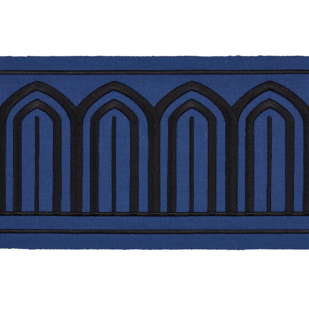 Arches Embroidered Tape Wide Black On Navy 81160 by Schumacher Trim Miles Redd 5.3" - Fabric Carolina -