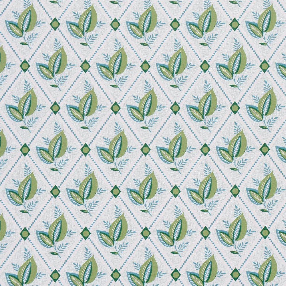 Basile Trellis Leaf & Aqua 5014231 by Schumacher Designer Wallpaper New Traditional: Provenal 13.5" - Swanky Fabrics -