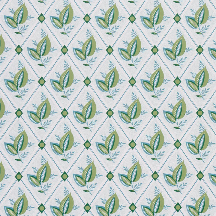 Basile Trellis Leaf & Aqua 5014231 by Schumacher Designer Wallpaper New Traditional: Provenal 13.5" - Swanky Fabrics -