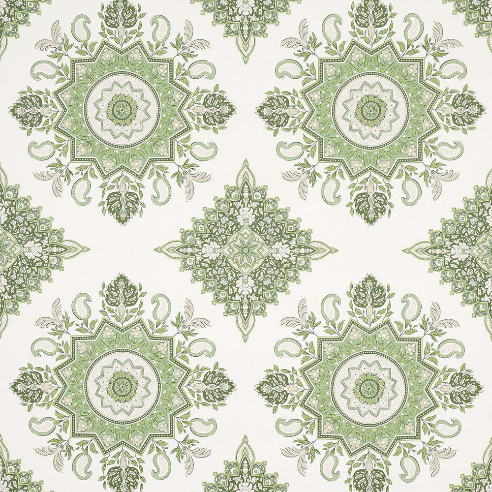 Montecito Medallion Leaf Green 5014361 by Schumacher Designer Wallpaper Mark D. Sikes 27.0" - Swanky Fabrics -