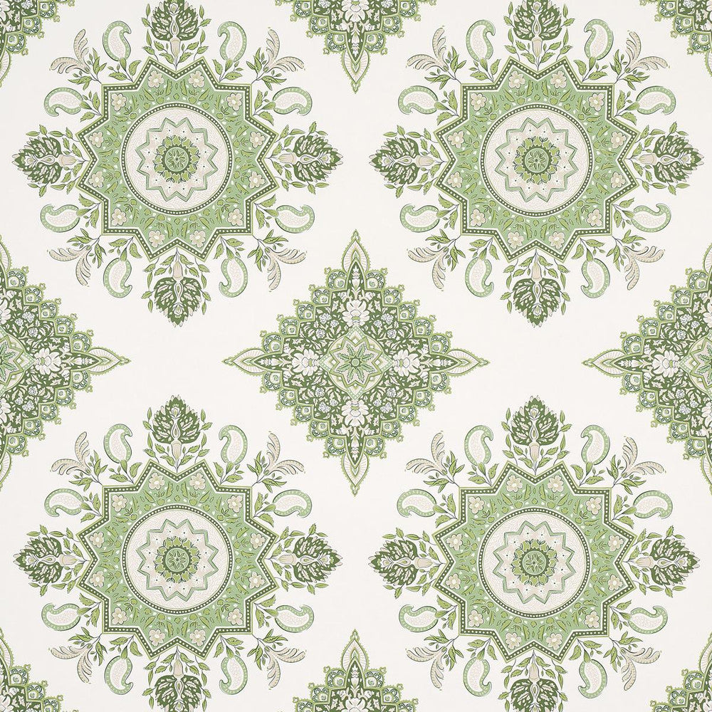 Montecito Medallion Leaf Green 5014361 by Schumacher Wallpaper Mark D. Sikes 27.0" - Fabric Carolina -