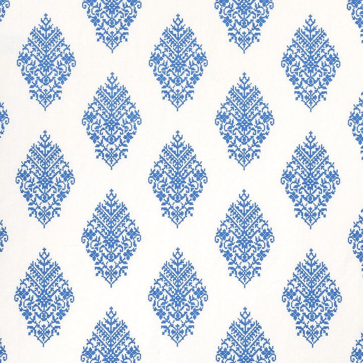Zinda Embroidery Blue On Ivory 70225 by Schumacher Fabric Bohemia 12.75" - Fabric Carolina -