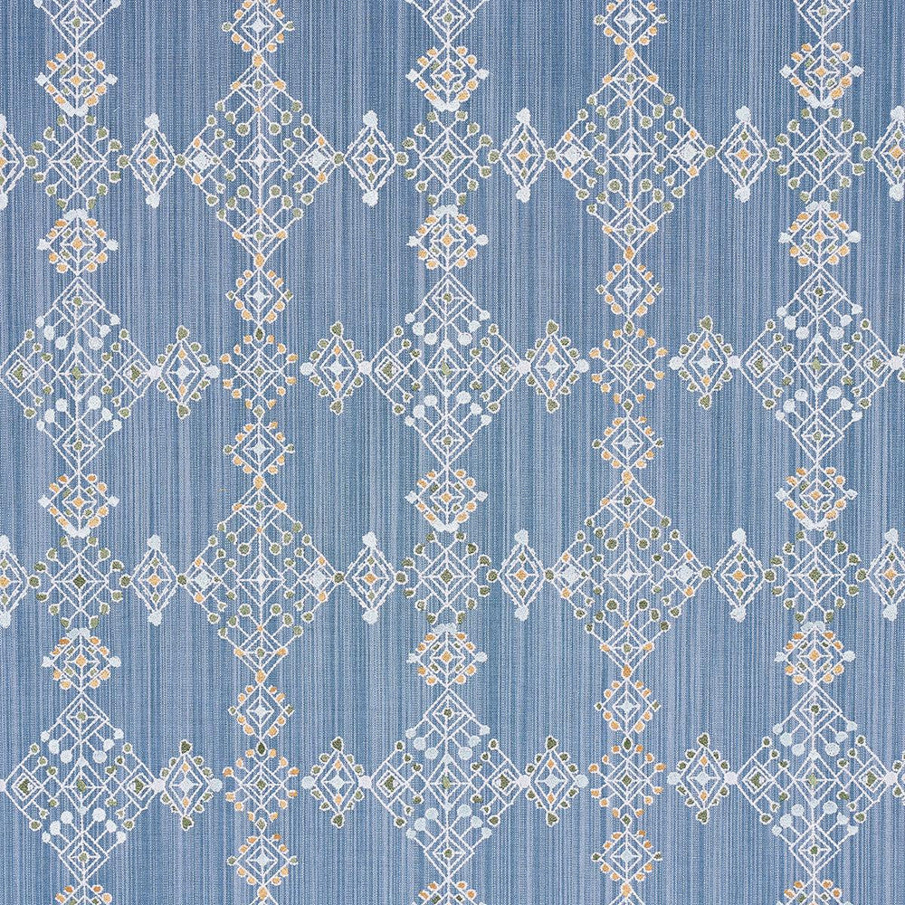 Kalindi Embroidery Denim 82080 by Schumacher Designer Fabric Bohemia 13.2" - Swanky Fabrics -
