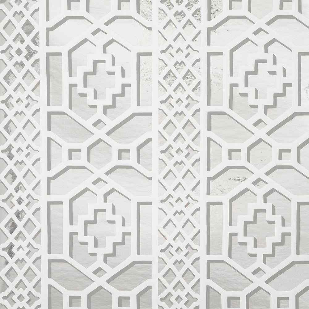 Zanzibar Trellis Mylar Silver Mylar 5013641 by Schumacher Wallpaper Moon River 13.5" - Fabric Carolina -