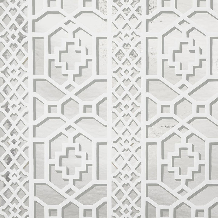Zanzibar Trellis Mylar Silver Mylar 5013641 by Schumacher Wallpaper Moon River 13.5" - Fabric Carolina -