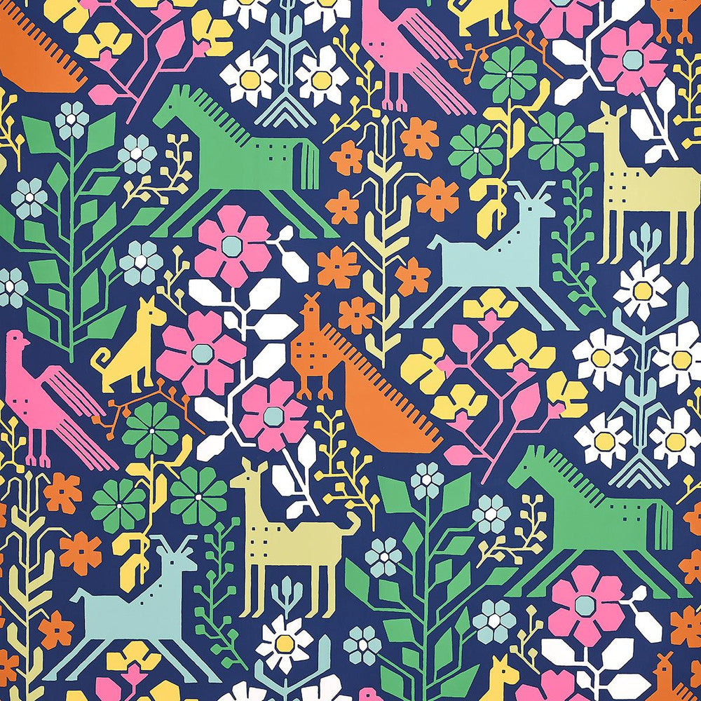 Lupita Multi On Navy 5013760 by Schumacher Designer Wallpaper Moon River 27.0" - Swanky Fabrics -