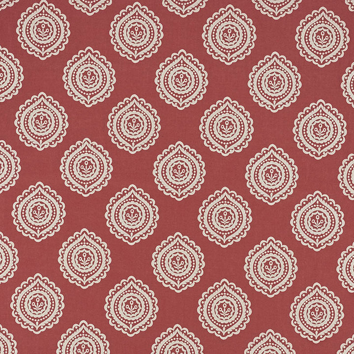 Olana Linen Embroidery Tuscan Red 70204 by Schumacher Designer Fabric CONTEMPORARY EMBROIDERIES See Sample INDIA - </p><p>Repeat: Horizontal: 12 5/8" (32CM) and Vertical: 12 1/2" (32CM) 50 1/8" (127CM) - Swanky Fabrics -