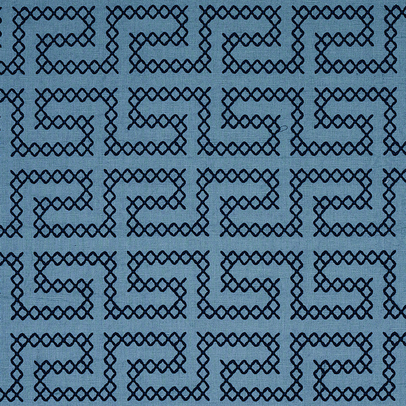 A Maze Embroidery Cadet 70235 by Schumacher Fabric CONTEMPORARY EMBROIDERIES LINEN 36% SPUN POLY 35% INDIA </p><p>Repeat: Horizontal: 4 1/4" (11CM) and Vertical: 7 3/4" (20CM) 51 - Fabric Carolina -