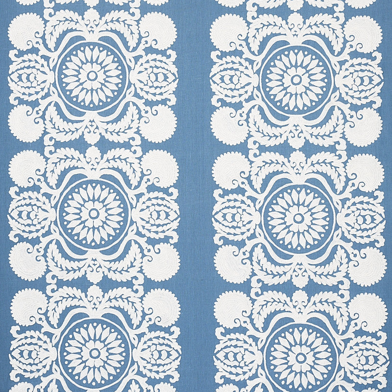 Castanet Embroidery Chambray 70262 by Schumacher Designer Fabric BOHEMIA LINEN 80% SPUN VISCOSE 20% INDIA </p><p>Repeat: Horizontal: VERT. 25 7/8" (66CM) and Vertical: 15 5/8" (40CM) 52 - Swanky Fabrics -
