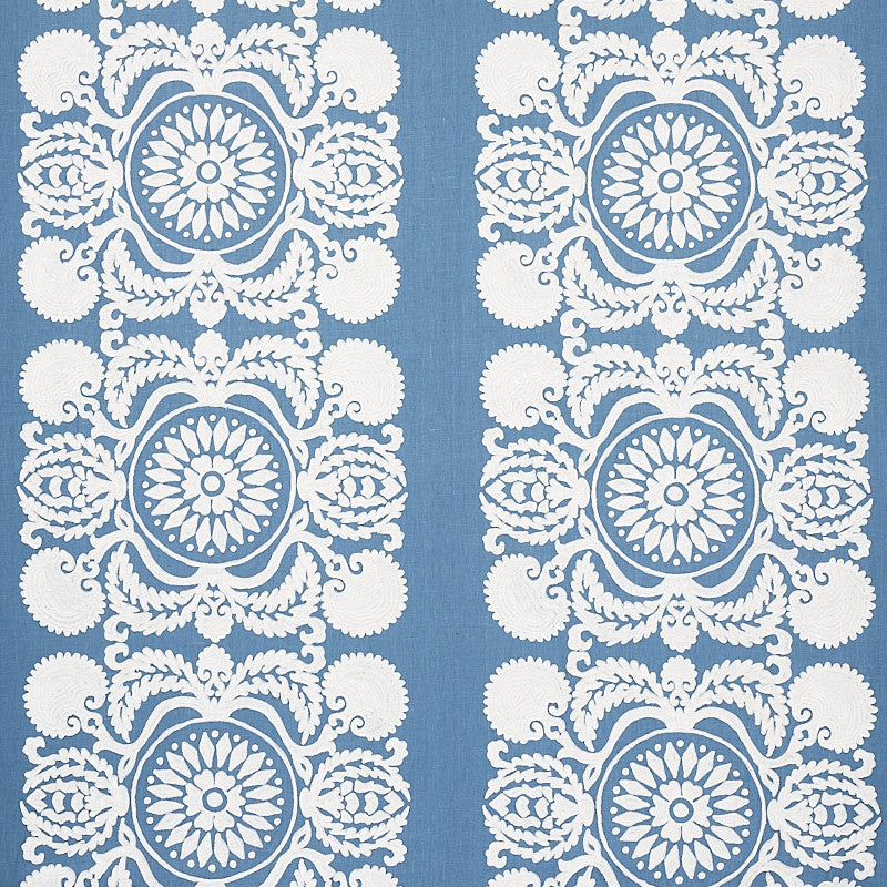 Castanet Embroidery Chambray 70262 by Schumacher Fabric BOHEMIA LINEN 80% SPUN VISCOSE 20% INDIA </p><p>Repeat: Horizontal: VERT. 25 7/8" (66CM) and Vertical: 15 5/8" (40CM) 52 - Fabric Carolina -