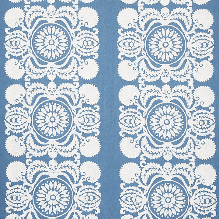 Castanet Embroidery Chambray 70262 by Schumacher Fabric BOHEMIA LINEN 80% SPUN VISCOSE 20% INDIA </p><p>Repeat: Horizontal: VERT. 25 7/8" (66CM) and Vertical: 15 5/8" (40CM) 52 - Fabric Carolina -