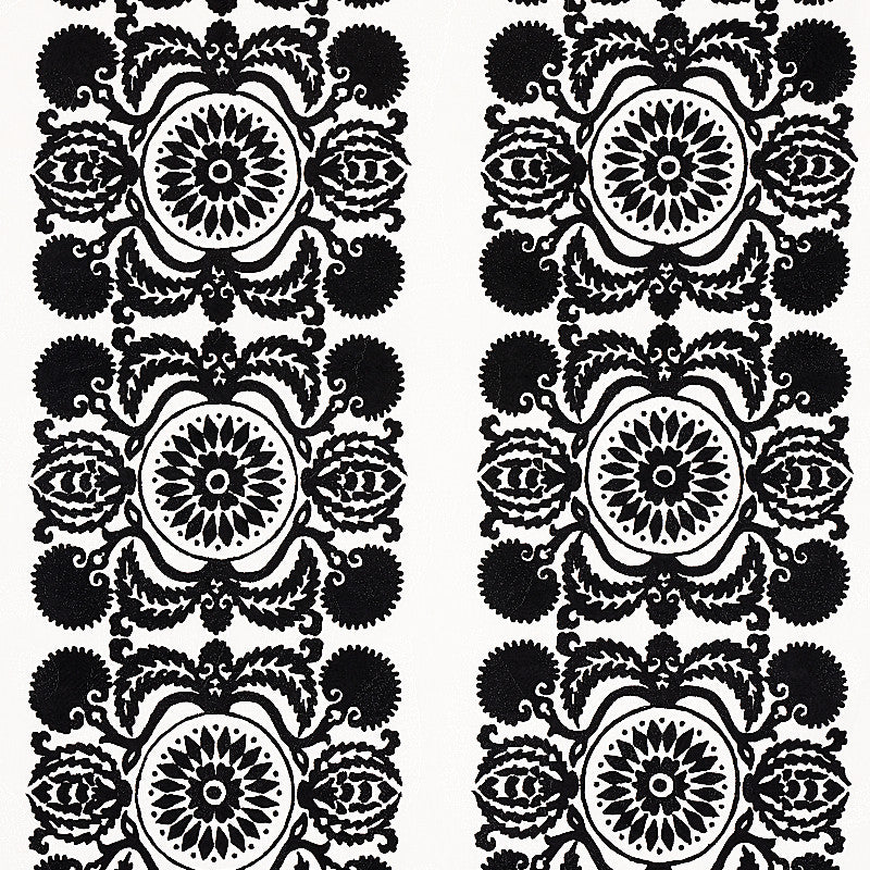 Castanet Embroidery Black 70263 by Schumacher Fabric BOHEMIA LINEN 80% SPUN VISCOSE 20% INDIA </p><p>Repeat: Horizontal: VERT. 25 7/8" (66CM) and Vertical: 15 5/8" (40CM) 52 - Fabric Carolina -