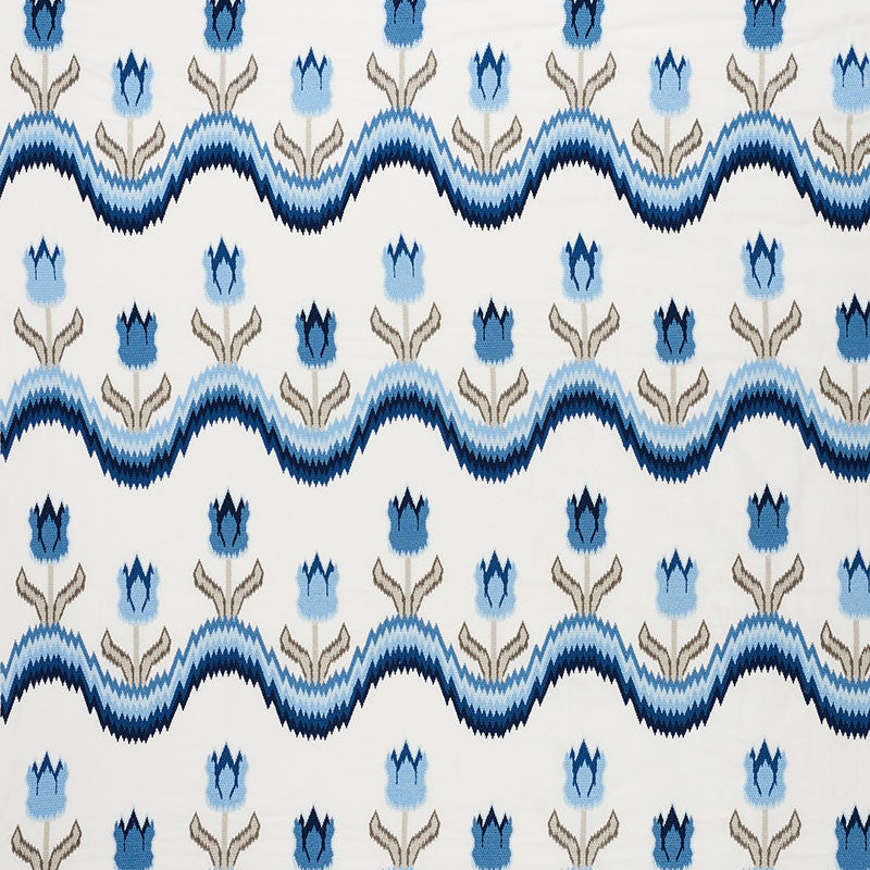 Tulip Flamestitch Embroidery Blue 70272 by Schumacher Fabric Contemporary-Embroideries 55% Polyester, 25% Linen, 20% Cotton - Horizontal: 51 and Vertical: 28.25 51 - Fabric Carolina -