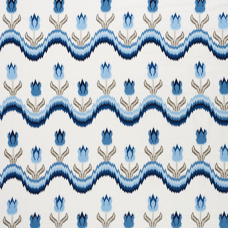 Tulip Flamestitch Embroidery Blue 70272 by Schumacher Fabric CONTEMPORARY EMBROIDERIES POLYESTER 55% LINEN 25% INDIA </p><p>Repeat: Horizontal: 51" (130CM) and Vertical: 28 1/4" (72CM) 51 - Fabric Carolina -