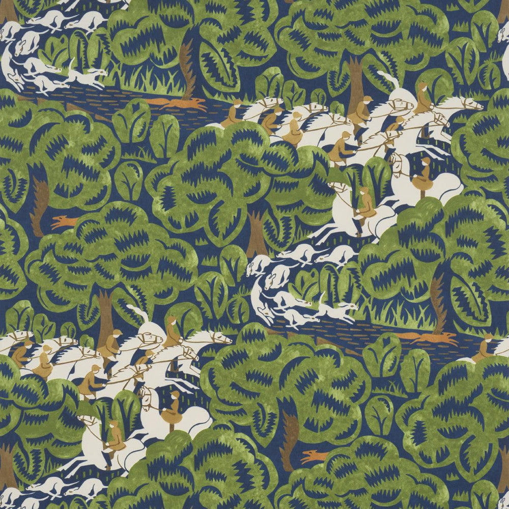Margaret Schloeman'S Fox Chase Navy & Green 5016151 by Schumacher Designer Wallpaper The New Yorker 27.0" - Swanky Fabrics -