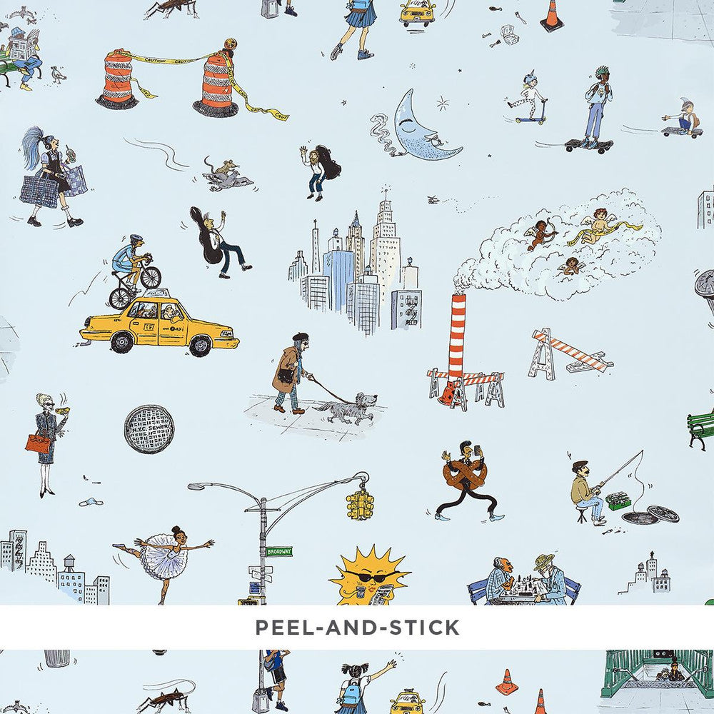 Joana Avillez'S Street Scenes Multicolor On Sky Blue 5016172 by Schumacher Wallpaper The New Yorker 27.0" - Fabric Carolina -