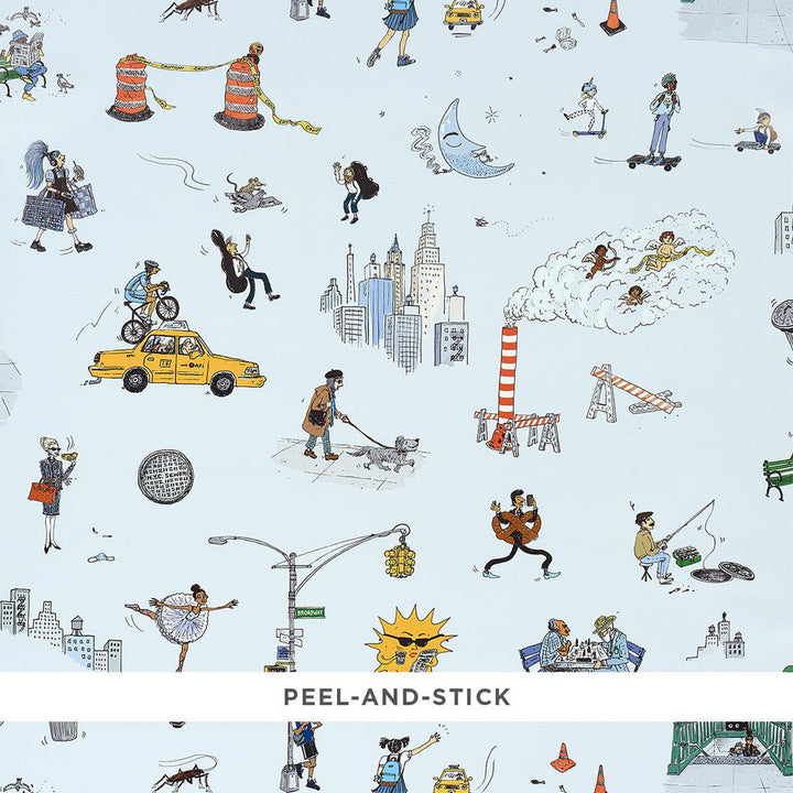Joana Avillez'S Street Scenes Multicolor On Sky Blue 5016172 by Schumacher Designer Wallpaper The New Yorker 27.0" - Swanky Fabrics -