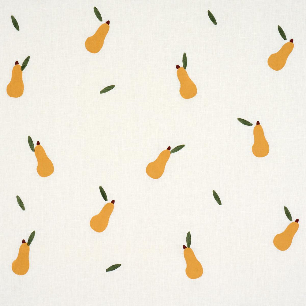 Pears Hand Block Print Green And Ochre On White 182390 by Schumacher Designer Fabric Caroline Z Hurley 51.0" - Swanky Fabrics -