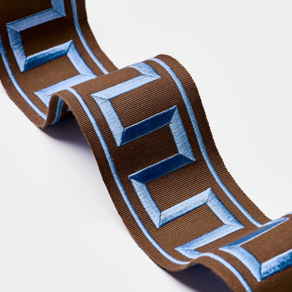 Greek Key Embroidered Tape Blue On Brown 70807 by Schumacher Trim Perennial Favorite Trims 1.75" - Fabric Carolina -