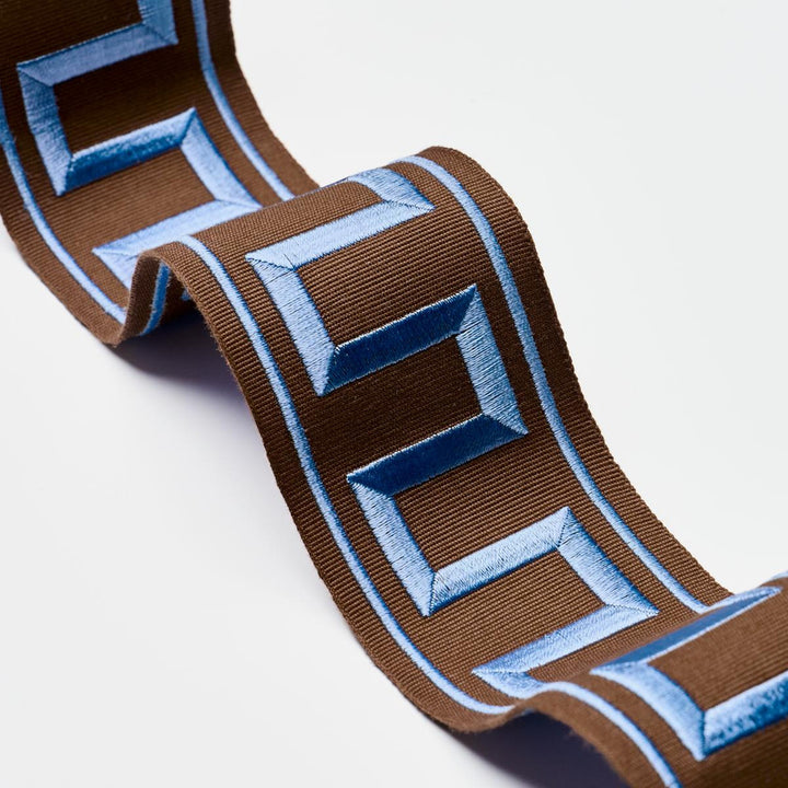 Greek Key Embroidered Tape Blue On Brown 70807 by Schumacher Trim Perennial Favorite Trims 1.75" - Fabric Carolina -