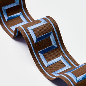 Greek Key Embroidered Tape Blue On Brown 70807 by Schumacher Trim