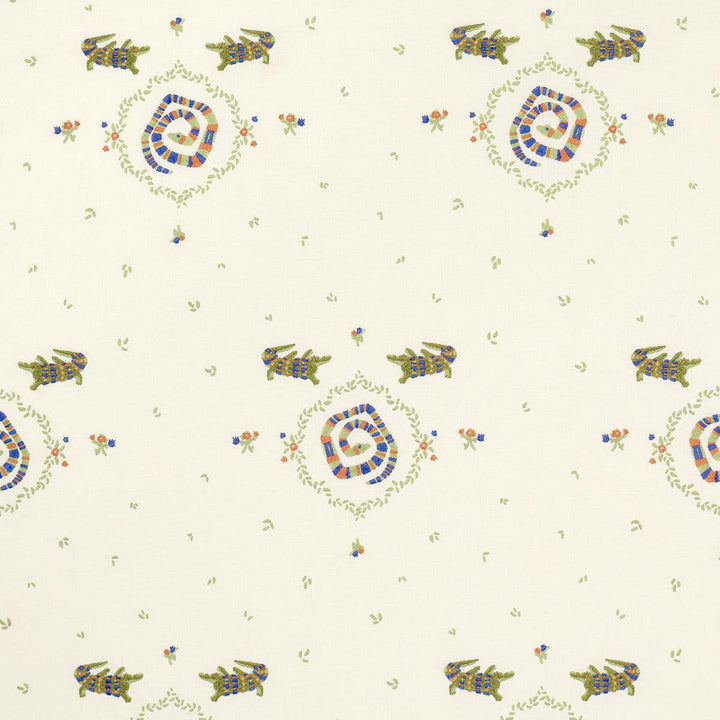 Reptilia Embroidery Bright Multi On Ivory 84540 by Schumacher Designer Fabric Backdrop 17.62" - Swanky Fabrics -