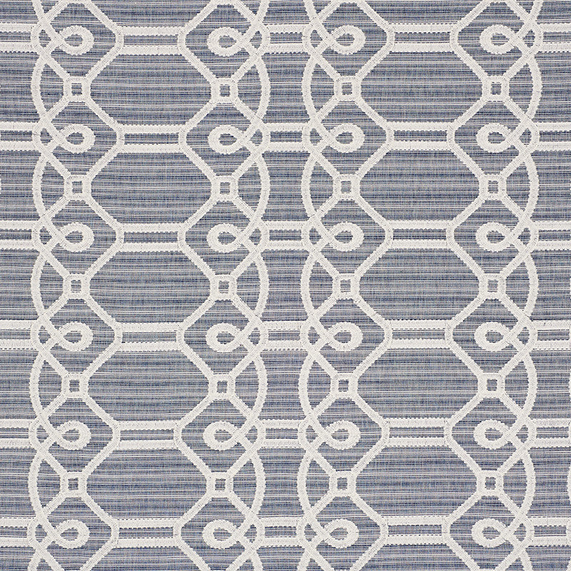 Ziz Embroidery Blue 71930 by Schumacher Fabric Caravanne 77% Cotton, 23% Polyester` Martindale 25,000 Horizontal: 17.5 and Vertical: 6.25 53.25 - Fabric Carolina -