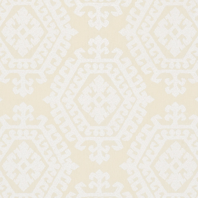 Omar Embroidery Ivory 71940 by Schumacher Fabric Caravanne 46% Polyester, 28% Linen, 26% Cotton Martindale 50,000 Horizontal: 16.75 and Vertical: 14.75 51 - Fabric Carolina -