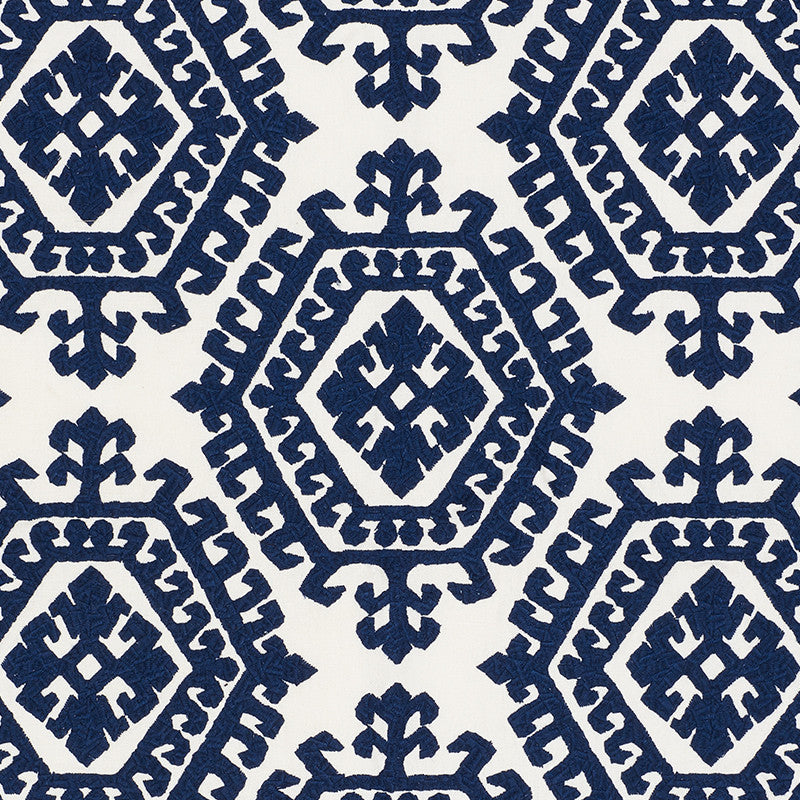 Omar Embroidery Navy 71941 by Schumacher Fabric Caravanne 46% Polyester, 28% Linen, 26% Cotton Martindale 50,000 Horizontal: 16.75 and Vertical: 14.75 51 - Fabric Carolina -
