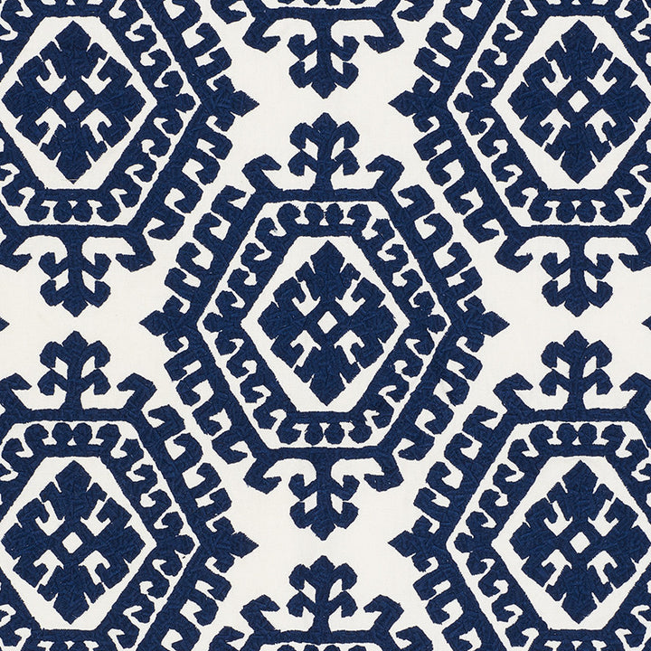 Omar Embroidery Navy 71941 by Schumacher Fabric Caravanne 46% Polyester, 28% Linen, 26% Cotton Martindale 50,000 Horizontal: 16.75 and Vertical: 14.75 51 - Fabric Carolina -